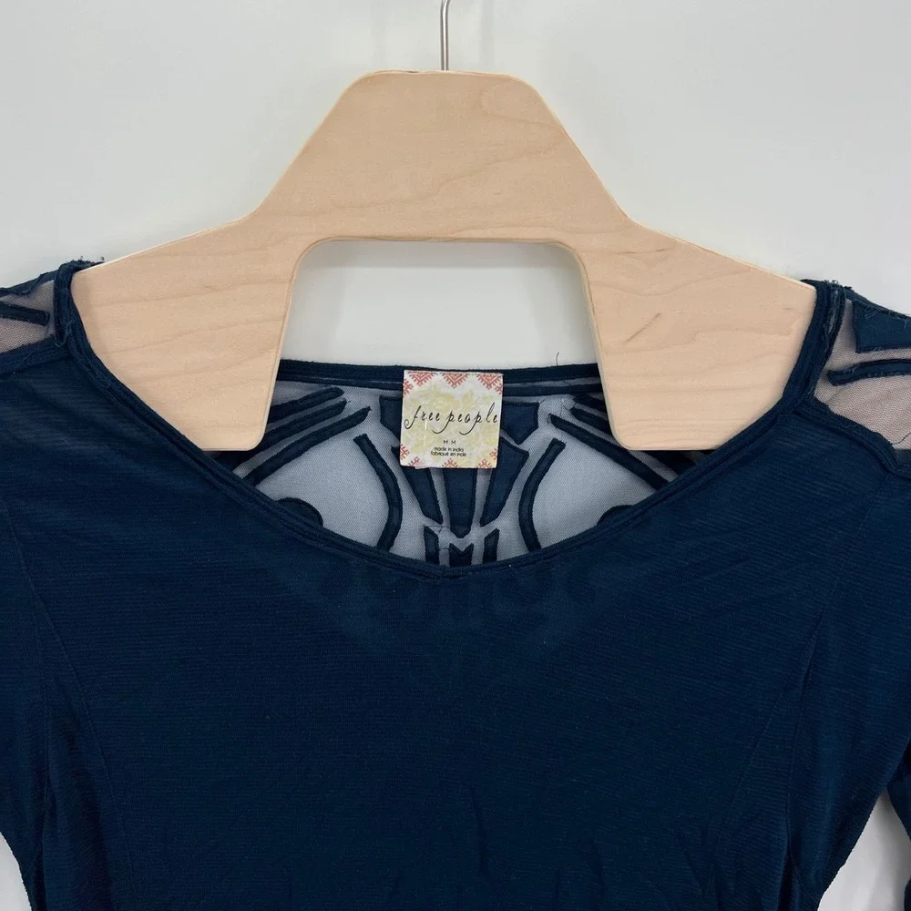 Free People Mesh Yoke Top Womens Medium Navy Blue Boho Embroidered Split Back